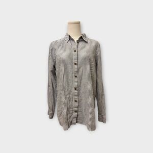 Duluth Trading Co Striped Shirt Medium Blue White Hemp Cotton Workwear Roll Tab